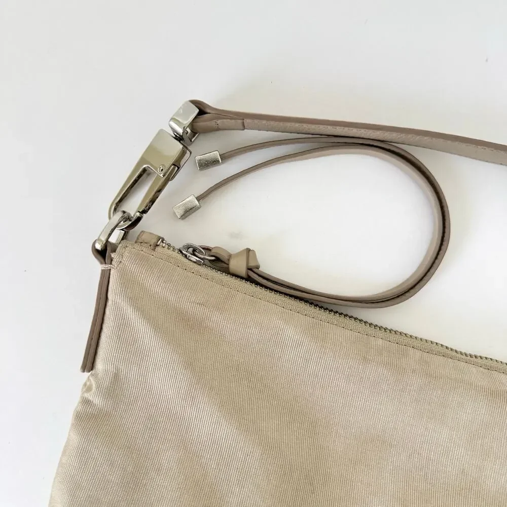 Coccinelle Textured Nylon Leather Trim Hobo Shoulder Bag Neutral Sandshell Beige